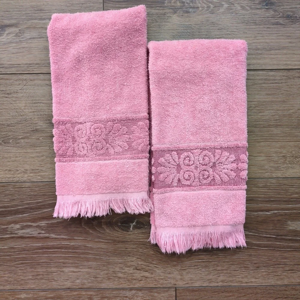 Vtg Cannon Monticello Towel Set Pink Santa Cruz Carved Floral Fringed Set of 6